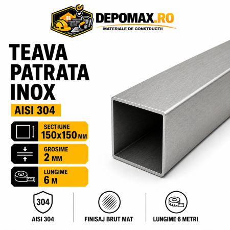 Teava patrata inox AISI 304, 150 x 150 x 2 mm, 6 metri